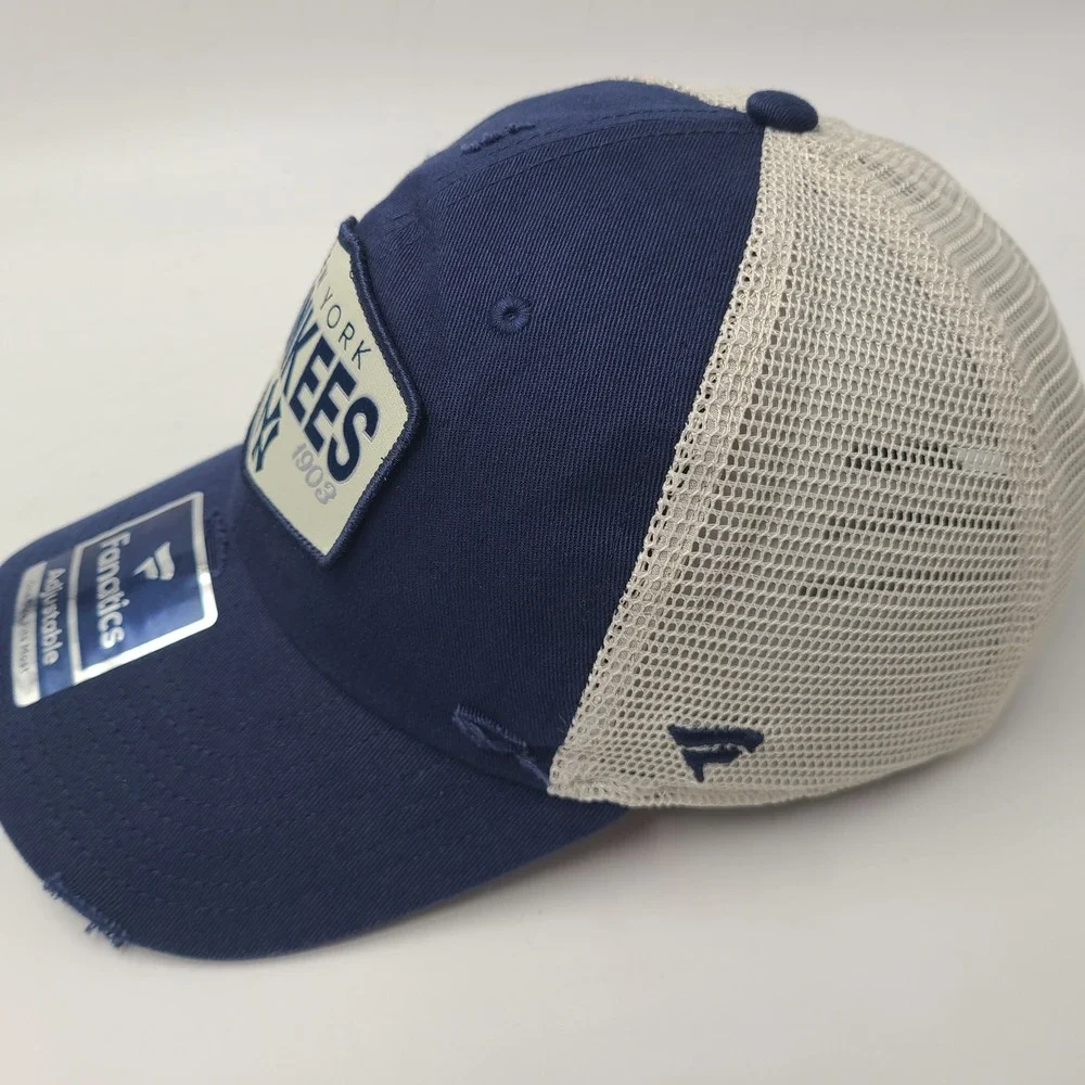 New York Yankees Hat Snapback Trucker Mesh Fanatics Blue‎ Beige MLB Distressed